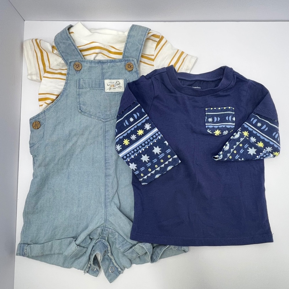 Carter's 6M Denim Overalls 2 Shirts Lot Cute Outfit Light Wash Playwear Unisex